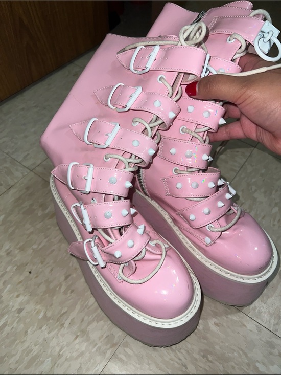 Demonia Shoes - Demonia Pink Patent Platform Lace-Up Buckle Boots